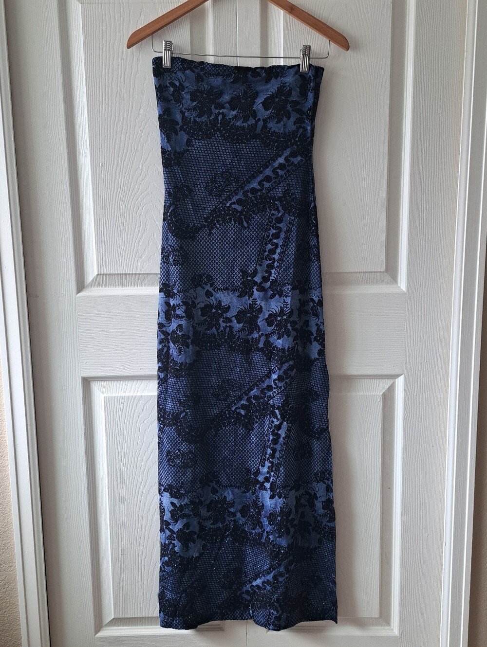 Hourglass Blue & Black Strapless Tube Maximalist 90s Vintage Dress Size Small